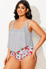 Striped Scoop Neck Ruched Flounce Blouson Tankini Top