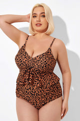 Leopard Scoopneck Tie Front Ruched Hem Tankini Top