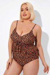 Leopard Scoopneck Tie Front Ruched Hem Tankini Top