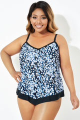 Black V-neck Tropical Rain Print Tankini Top