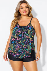 Black Spaghetti Strap Floral Print Tankini Top
