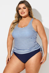 Plus Size Stripe Built-In Bra Racerback Tankini Top