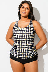 Black & White Check V-Neck One Piece Swimsuit