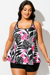 Tropical Print Square Neck Adjustable Strap Tankini Top