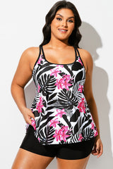 Tropical Print Square Neck Adjustable Strap Tankini Top