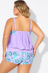 Plus Size Floral Print Light Purple Tankini Top