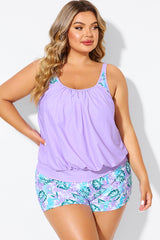 Plus Size Floral Print Light Purple Tankini Top
