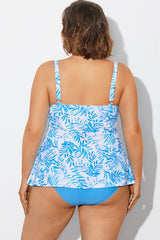 Blue Purple Palm Faux Flyaway Underwire Tankini Top