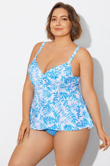 Blue Purple Palm Faux Flyaway Underwire Tankini Top