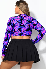 Electric Purple Print Long Sleeved Cropped Zip Tankini Top