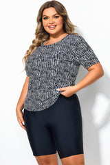 High Neck Short Sleeves Abstract Stripe Print Tankini Top