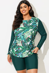 Tropical Print Side Tie Adjustable Long Sleeve Tankini Top