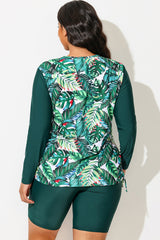 Tropical Print Side Tie Adjustable Long Sleeve Tankini Top