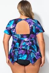 Tropical Floral Print Flutter Sleeve Tankini Top