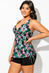 Floral Print Drawstring Side Adjustable Strap Tankini Top