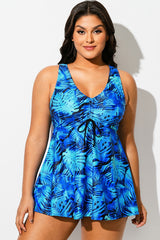 Plus Size Blue Palm Print V-Neck Tankini Top