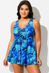 Plus Size Blue Palm Print V-Neck Tankini Top