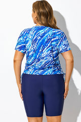 Blue Tie Dye Round Neck Short Sleeves Tankini Top