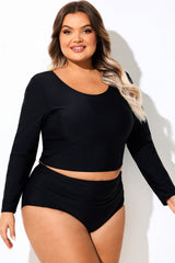 Black Long Sleeves Round Neck Tankini Top