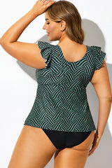 Striped Print Ruffle Trim V-Neck Tankini Top