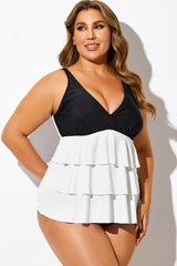 Black & White Colorblock Tiered Tankini Top