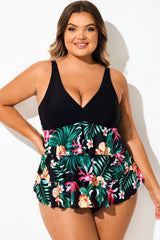 Black Floral Print Colorblock Tiered Tankini Top
