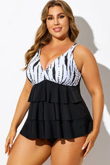 Tie Dye Print Colorblock Tiered Tankini Top