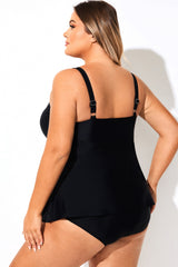 Solid Black V-Neck Ruffled Tankini Top