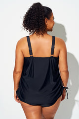 Green Color Block Drawstring Cami Tankini Top