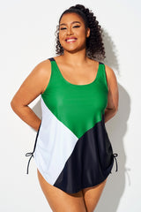 Green Color Block Drawstring Cami Tankini Top