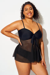 Plus Size Knot Front Mesh Overlay Tankini Top