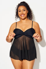 Plus Size Knot Front Mesh Overlay Tankini Top