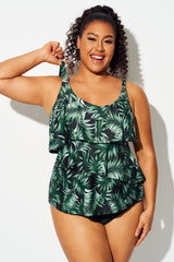Green Leaf V-neck Irregular Ruffle Women Tankini Top