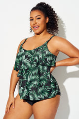 Green Leaf V-neck Irregular Ruffle Women Tankini Top
