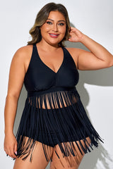 Black Tassel Cross Back Tankini Top