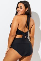 Fashionable Black V-neck Halter Bikini Set