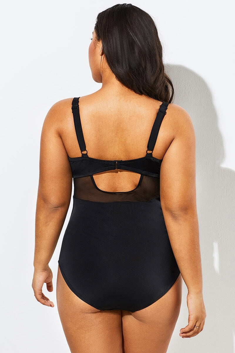 Black Cut Out Mesh Underwire One Piece Swimsuit