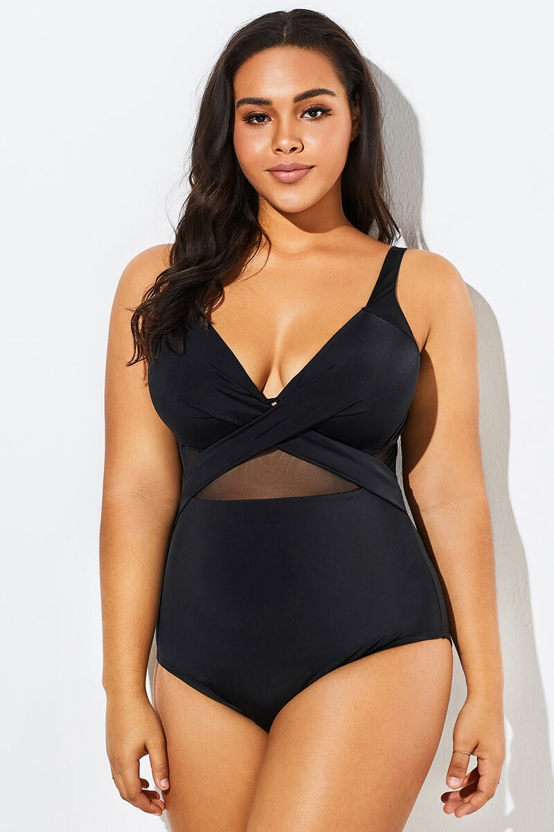 Black Cut Out Mesh Underwire One Piece Swimsuit