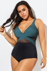 V-Neck Colorblock Tummy Control One Piece Swimsuit
