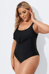 Black V-Neck Fringe Vintage One Piece Swimsuits