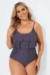 Navy Scoopneck Dot Tiered One Piece Swimsuit