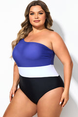 Plus Size Tricolor Colorblock One Shoulder One Piece Swimsuit