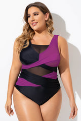 Purple & Black Sexy Cut Out Mesh One Piece Swimsuit