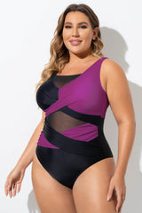 Purple & Black Sexy Cut Out Mesh One Piece Swimsuit