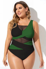 Green & Black Sexy Cut Out Mesh One Piece Swimsuit