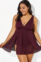 Wine Crochet Side Slit V-Neck Graceful Swimdress