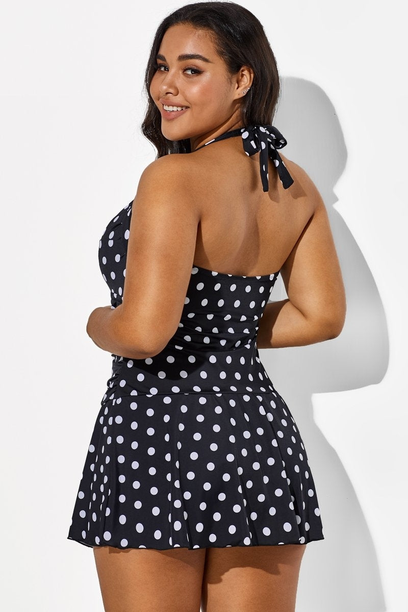 Black Halter Sweetheart Polka Dot Sexy Swimdress