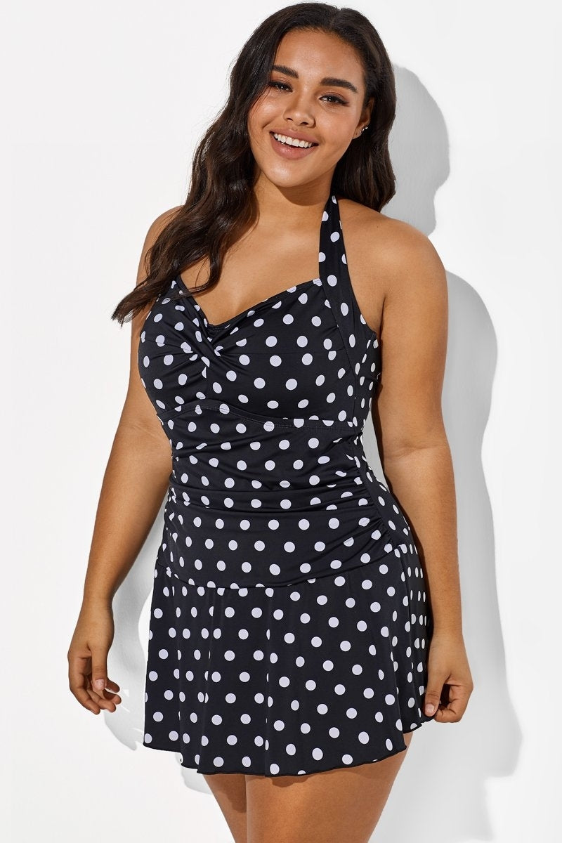 Black Halter Sweetheart Polka Dot Sexy Swimdress