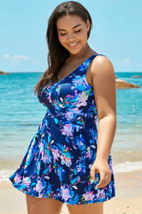 Blue V-neck Elegant Flower Swimdress For Lady
