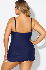 Dark Blue Twist Front Sweetheart Neckline Ruffle Swimdress
